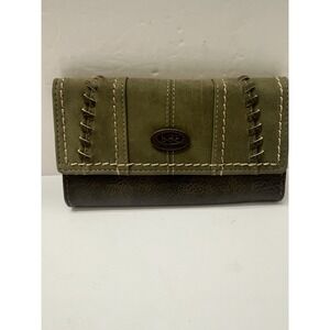 B.O.C. Tri-Fold Wallet Olive Green Saddle Stitching Accents Snap Zip 7.5"